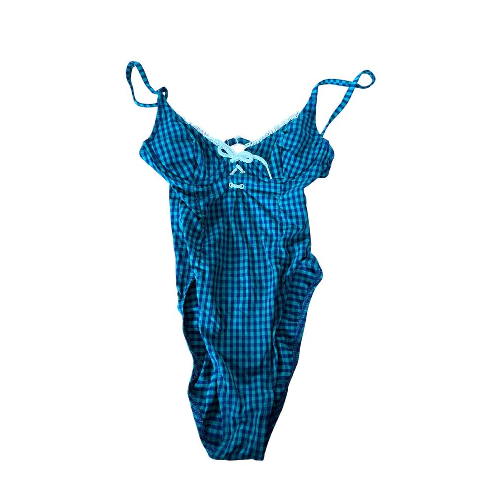 Sunset Beach green & blue gingham print vintage 80s‎ swimsuit